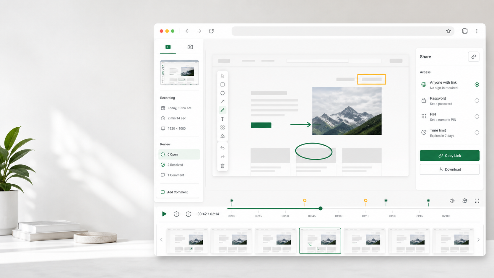 dxCapture workspace showing screenshot annotation, a review timeline, and secure sharing controls